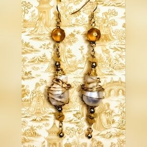 Genuine Yellow Citrine  In Long Gold Plated Earrings With Large Baroque Pearl